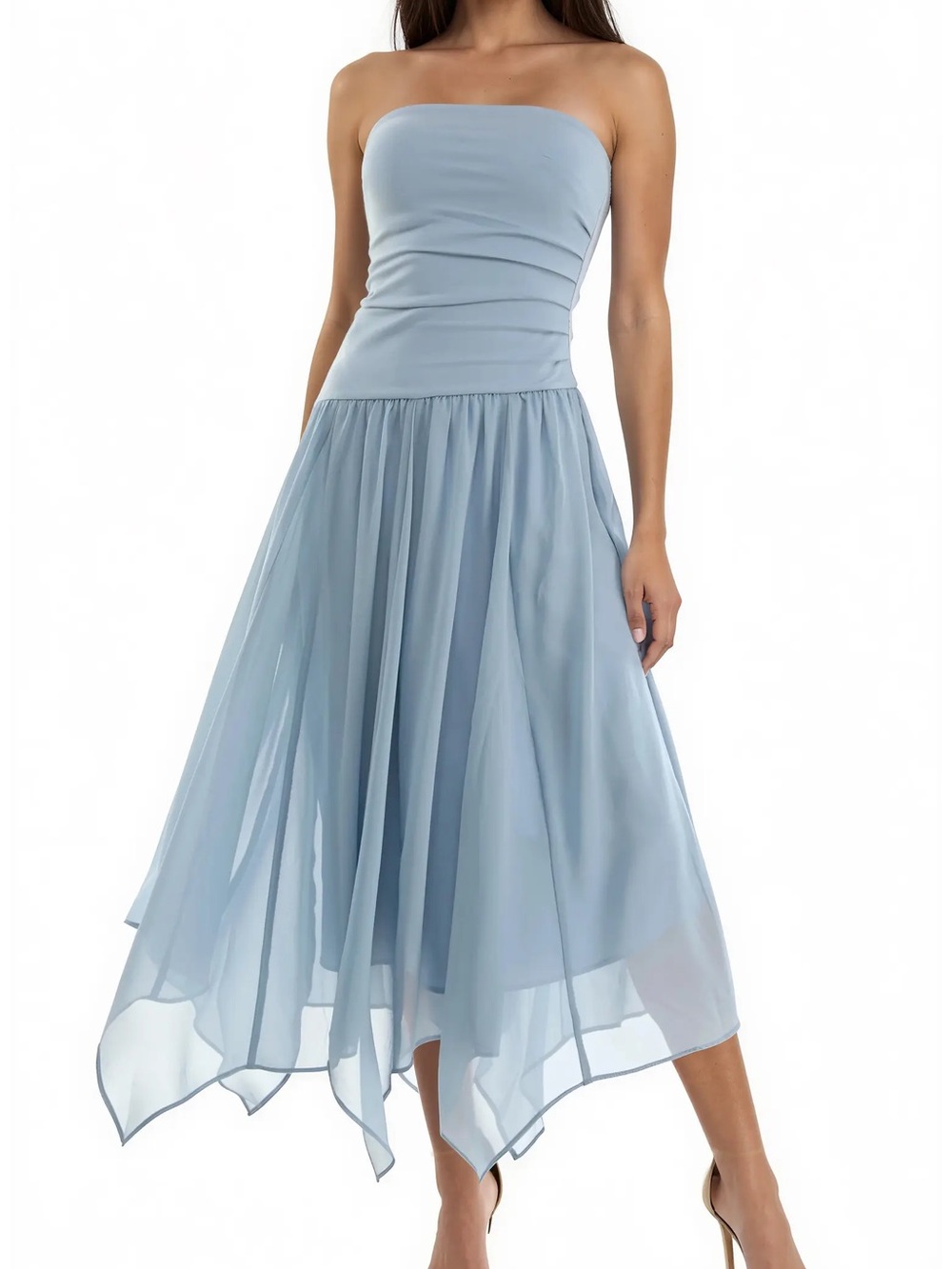 Strapless Light Blue Chiffon Handkerchief Midi Dress
